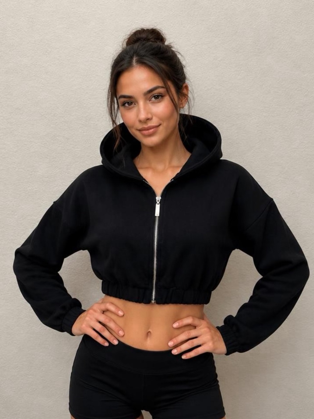 Meshki Black Cropped Zip Hoodie Sz M heavy stretch cotton